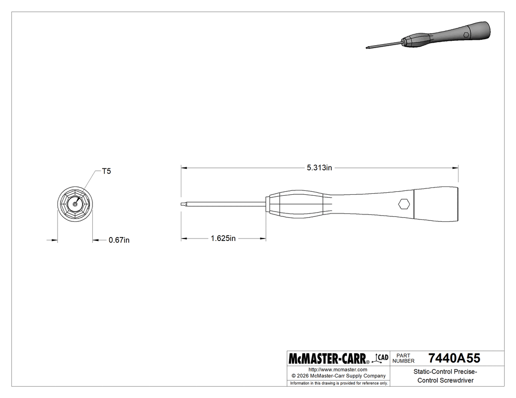 Technical Drawing of Static-Control Precise-Control Screwdriver, T5 Torx.